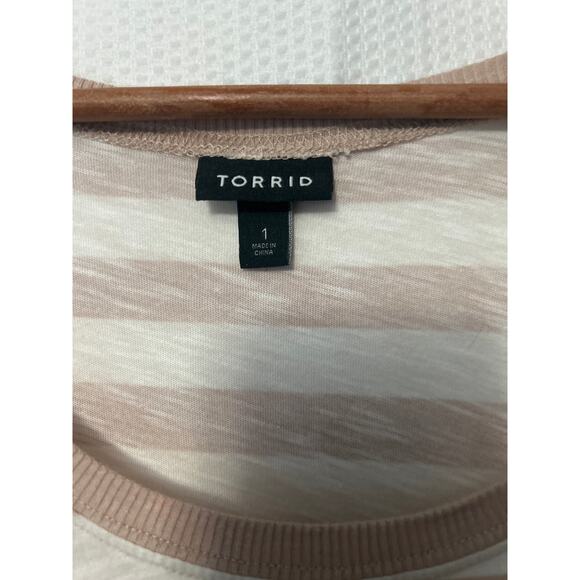 Torrid Peplum Tee Shirt Tan White Striped Babydoll Top Short Sleeve Casual 1X - Picture 5 of 10